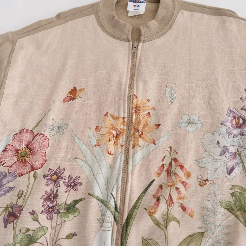Vintage Jerzees Tan Floral Zip Up With Hidden Pockets Sweater Large - Picture 7 of 12